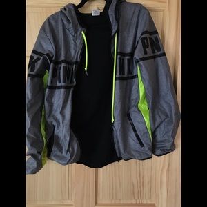 VS Pink Rain jacket w/ neon stripe & fleece inside